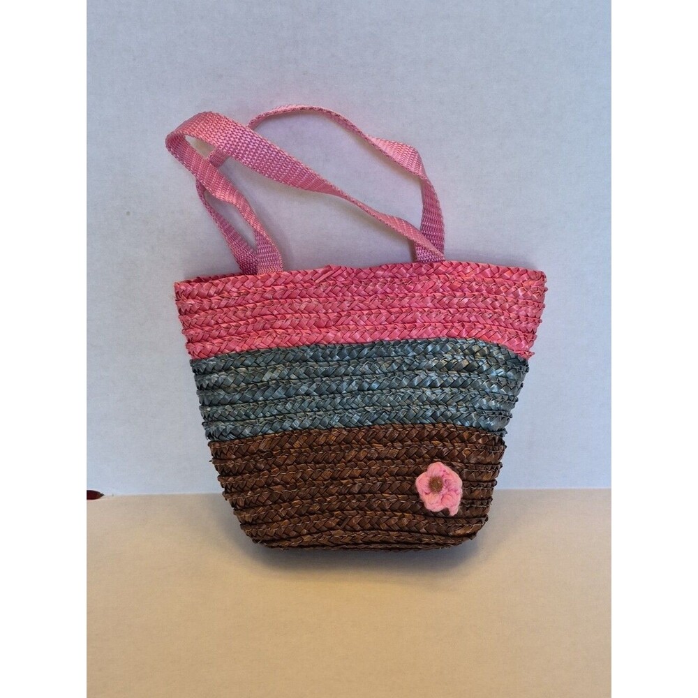 Woven Striped Tote Clutch Bag Pink Blue Brown Straw Summer Vacation Handbag